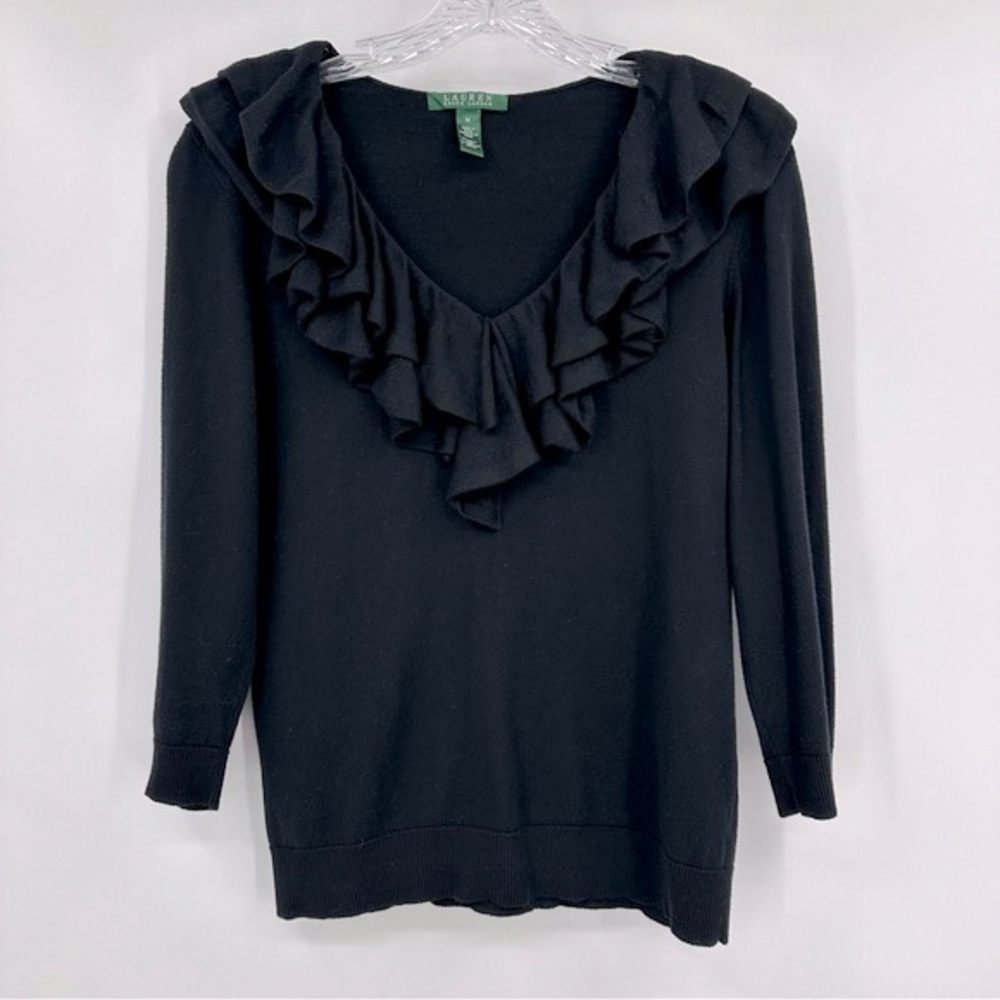 Lauren Ralph Lauren Silk Blend Ruffled Neck 3/4 Sleeve Sweater Black Size M